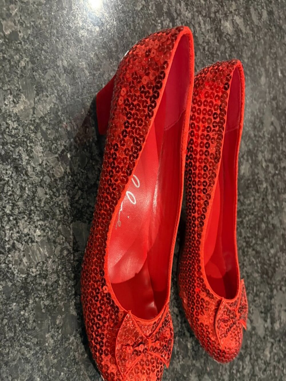 Elle, "Wizard of Oz" Red Sequined Ruby Slippers, Block Heel, Bow Pumps, Womens 7